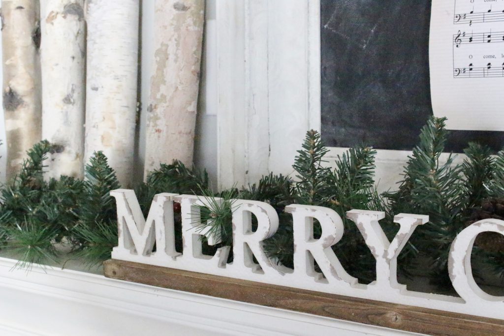 Merry Christmas Mantel- mantles- rustic- decor- birch logs- greenery